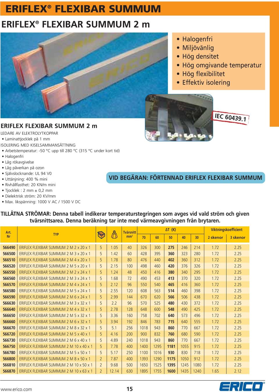 UL 94 V0 Uttänjning: 400 % mini Rivhållfasthet: 20 KN/m mini Tjocklek : 2 ± 0,2 Dielektrisk ström: 20 KV/ Max. likspänning: 1000 V AC / 1500 V DC IEC 60439.