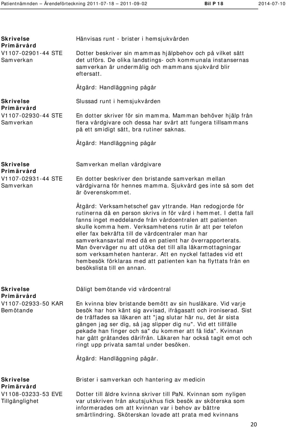 Åtgärd: Handläggning pågår V1107-02930-44 STE Samverkan Slussad runt i hemsjukvården En dotter skriver för sin mamma.