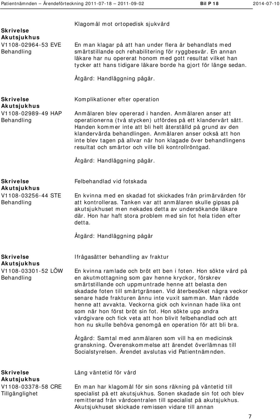 V1108-02989-49 HAP Komplikationer efter operation Anmälaren blev opererad i handen. Anmälaren anser att operationerna (två stycken) utfördes på ett klandervärt sätt.