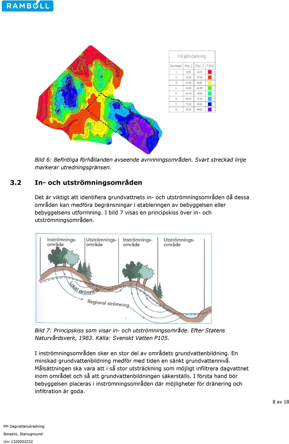 utformning. I bild 7 visas en principskiss över in- och utströmningsområden. Bild 7: Principskiss som visar in- och utströmningsområde. Efter Statens Naturvårdsverk, 1983. Källa: Svenskt Vatten P105.