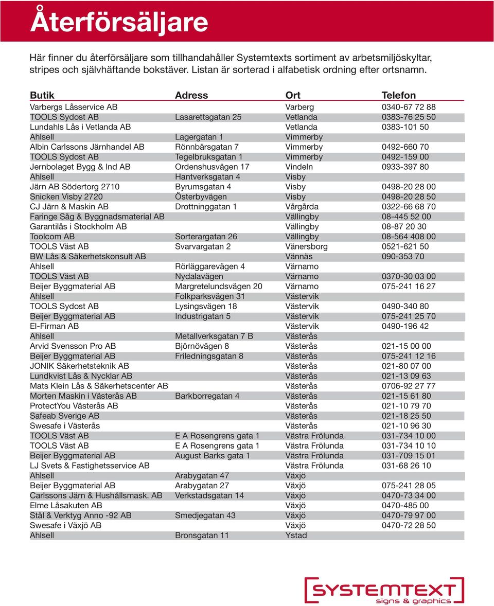 Visby Järn AB Södertorg 2710 Byrumsgatan 4 Visby 0498-20 28 00 Snicken Visby 2720 Österbyvägen Visby 0498-20 28 50 CJ Järn & Maskin AB Drottninggatan 1 Vårgårda 0322-66 68 70 Faringe Såg &
