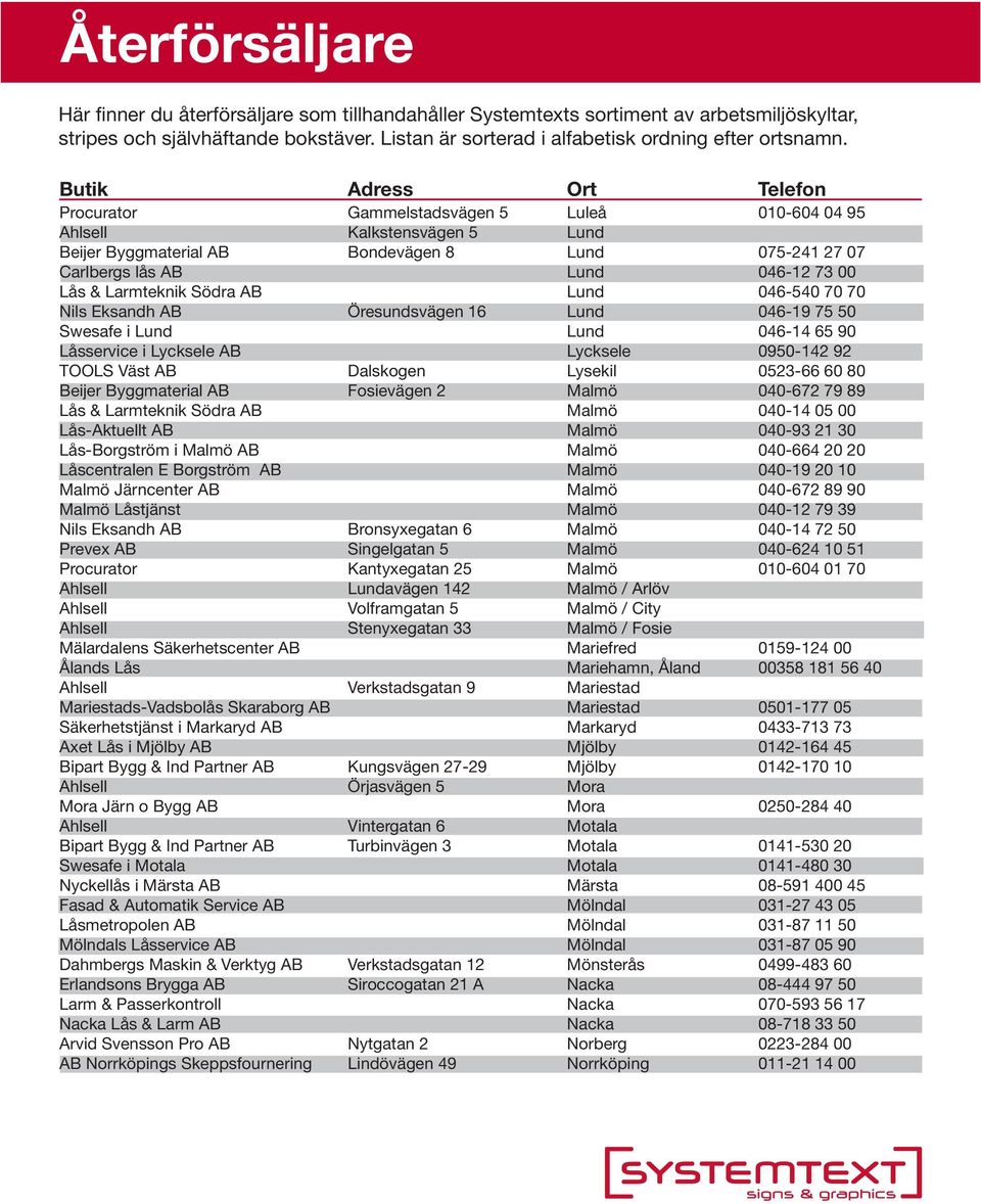 Beijer Byggmaterial AB Fosievägen 2 Malmö 040-672 79 89 Lås & Larmteknik Södra AB Malmö 040-14 05 00 Lås-Aktuellt AB Malmö 040-93 21 30 Lås-Borgström i Malmö AB Malmö 040-664 20 20 Låscentralen E