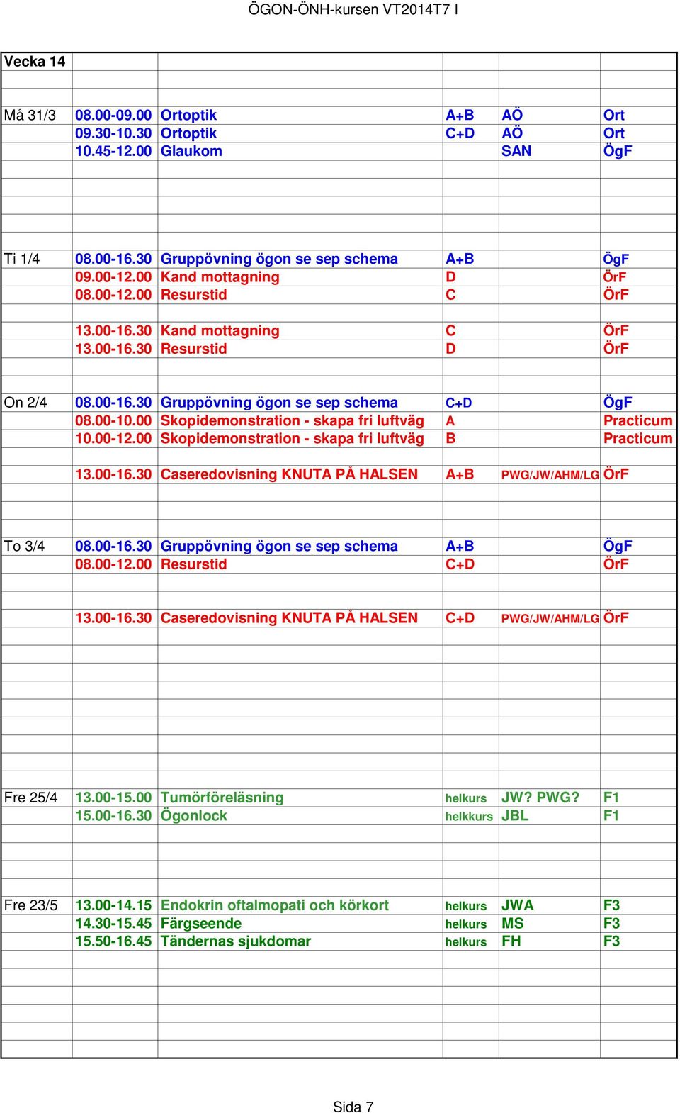 00 Skopidemonstration - skapa fri luftväg A Practicum 10.00-12.00 Skopidemonstration - skapa fri luftväg B Practicum 13.00-16.30 Caseredovisning KNUTA PÅ HALSEN A+B PWG/JW/AHM/LG ÖrF To 3/4 08.00-16.30 Gruppövning ögon se sep schema A+B ÖgF 08.