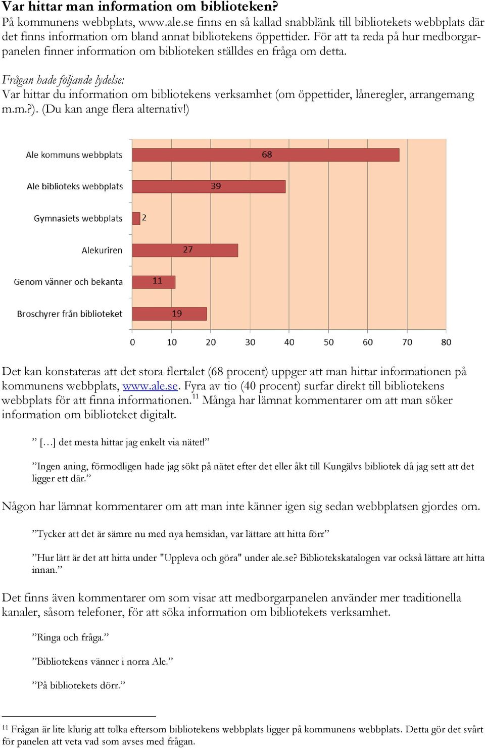 Frågan hade följande lydelse: Var hittar du information om bibliotekens verksamhet (om öppettider, låneregler, arrangemang m.m.?). (Du kan ange flera alternativ!