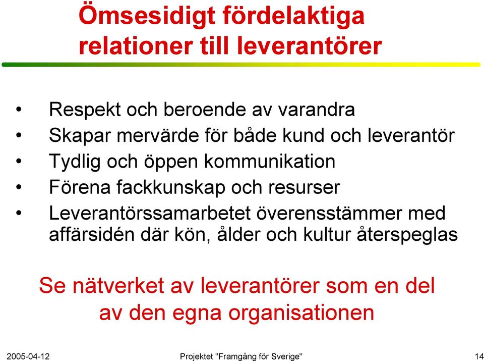 resurser Leverantörssamarbetet överensstämmer med affärsidén där kön, ålder och kultur återspeglas