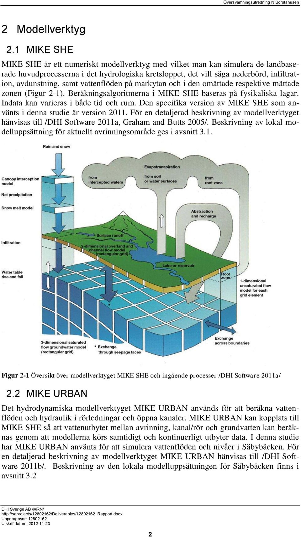 samt vattenflöden på markytan och i den omättade respektive mättade zonen (Figur 2-1). Beräkningsalgoritmerna i MIKE SHE baseras på fysikaliska lagar. Indata kan varieras i både tid och rum.