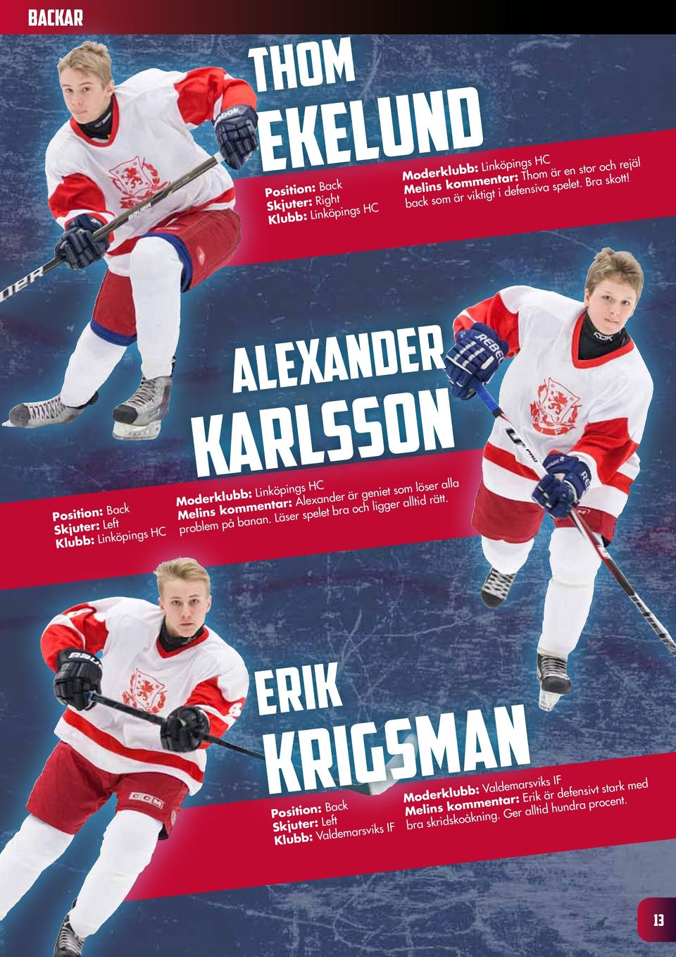 Position: Back ALEXANDER KARLSSON Moderklubb: Linköpings HC Melins kommentar: Alexander är geniet som löser alla problem på banan.