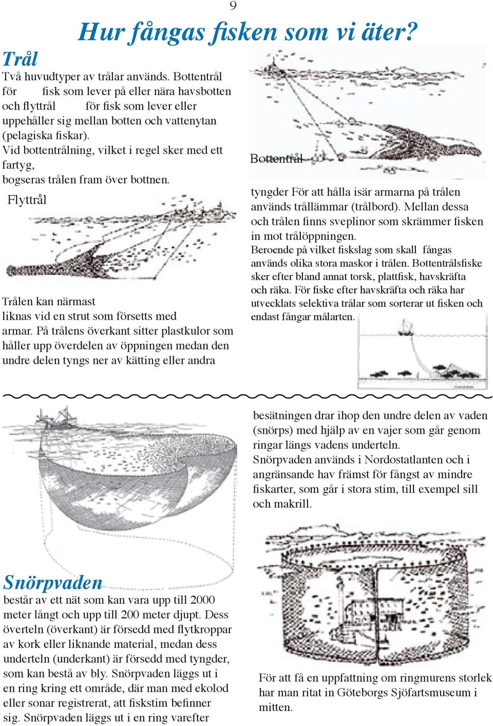 Vid bottentrålning, vilket i regel sker med ett fartyg, bogseras trålen fram över bottnen. Flyttrål Trålen kan närmast liknas vid en strut som försetts med armar.