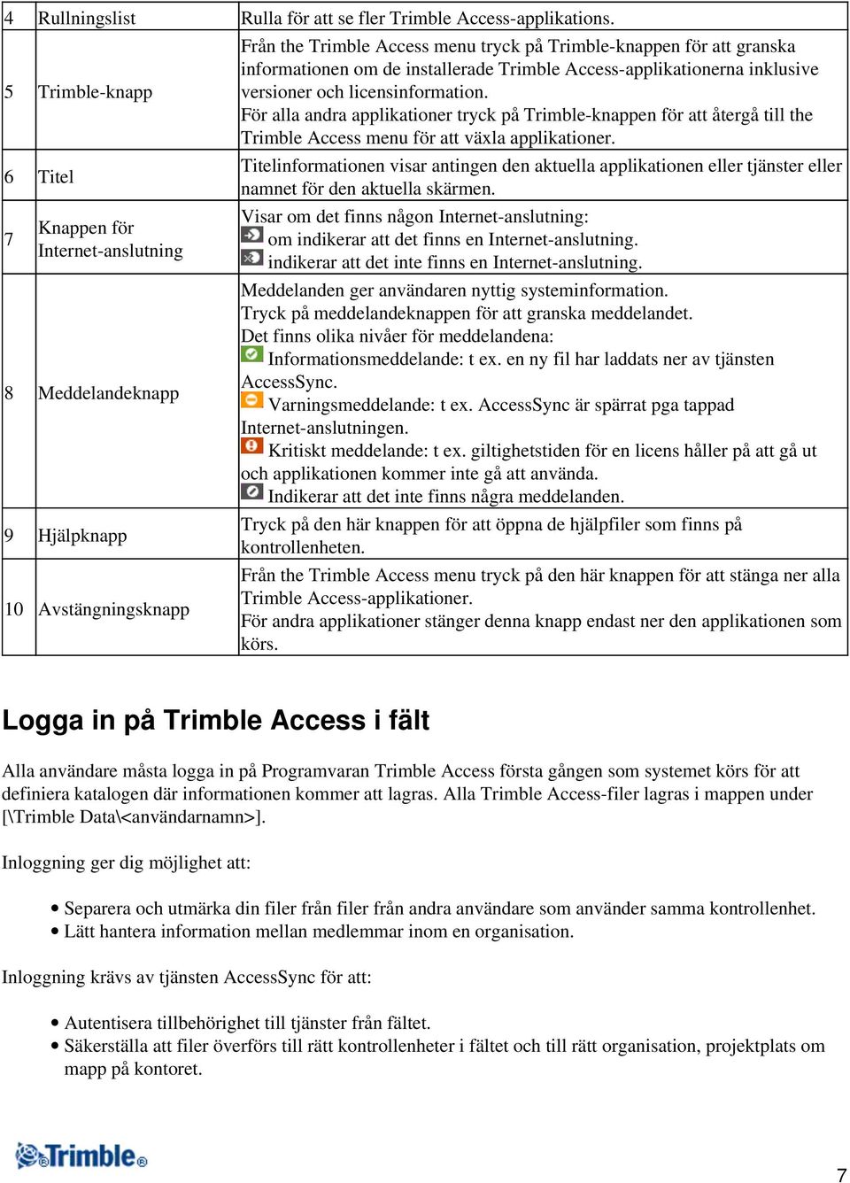 installerade Trimble Access-applikationerna inklusive versioner och licensinformation.