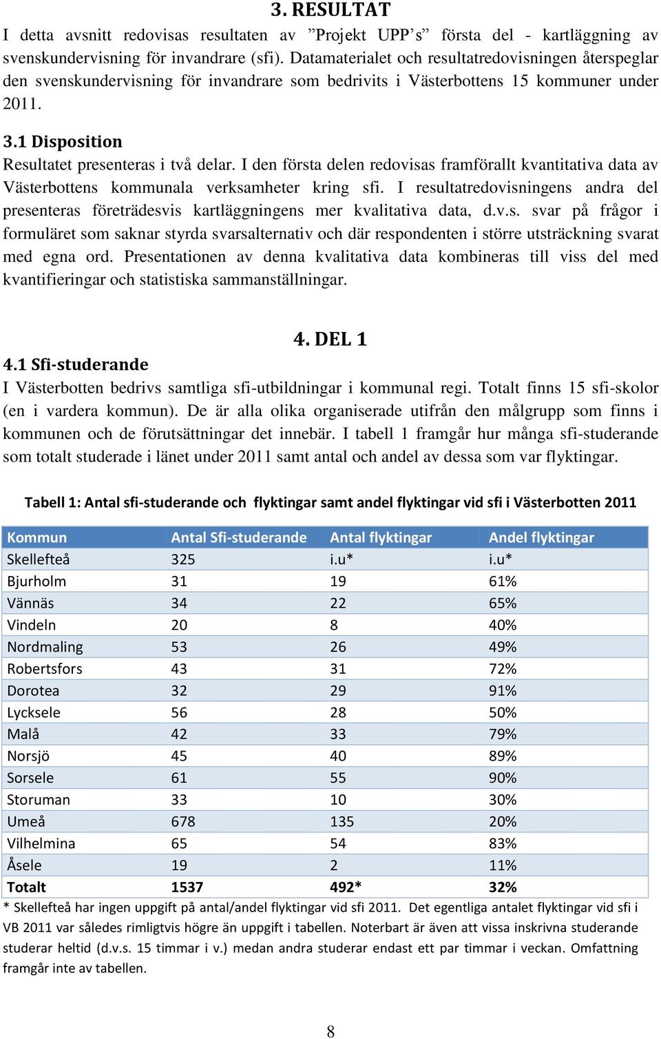 I den första delen redovisas framförallt kvantitativa data av Västerbottens kommunala verksamheter kring sfi.