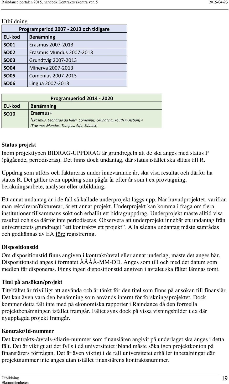 projekttypen BIDRAG-UPPDRAG är grundregeln att de ska anges med status P (pågående, periodiseras). Det finns dock undantag, där status istället ska sättas till R.