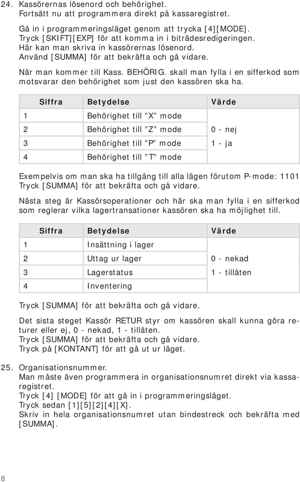 skall man fylla i en sifferkod som motsvarar den behörighet som just den kassören ska ha.