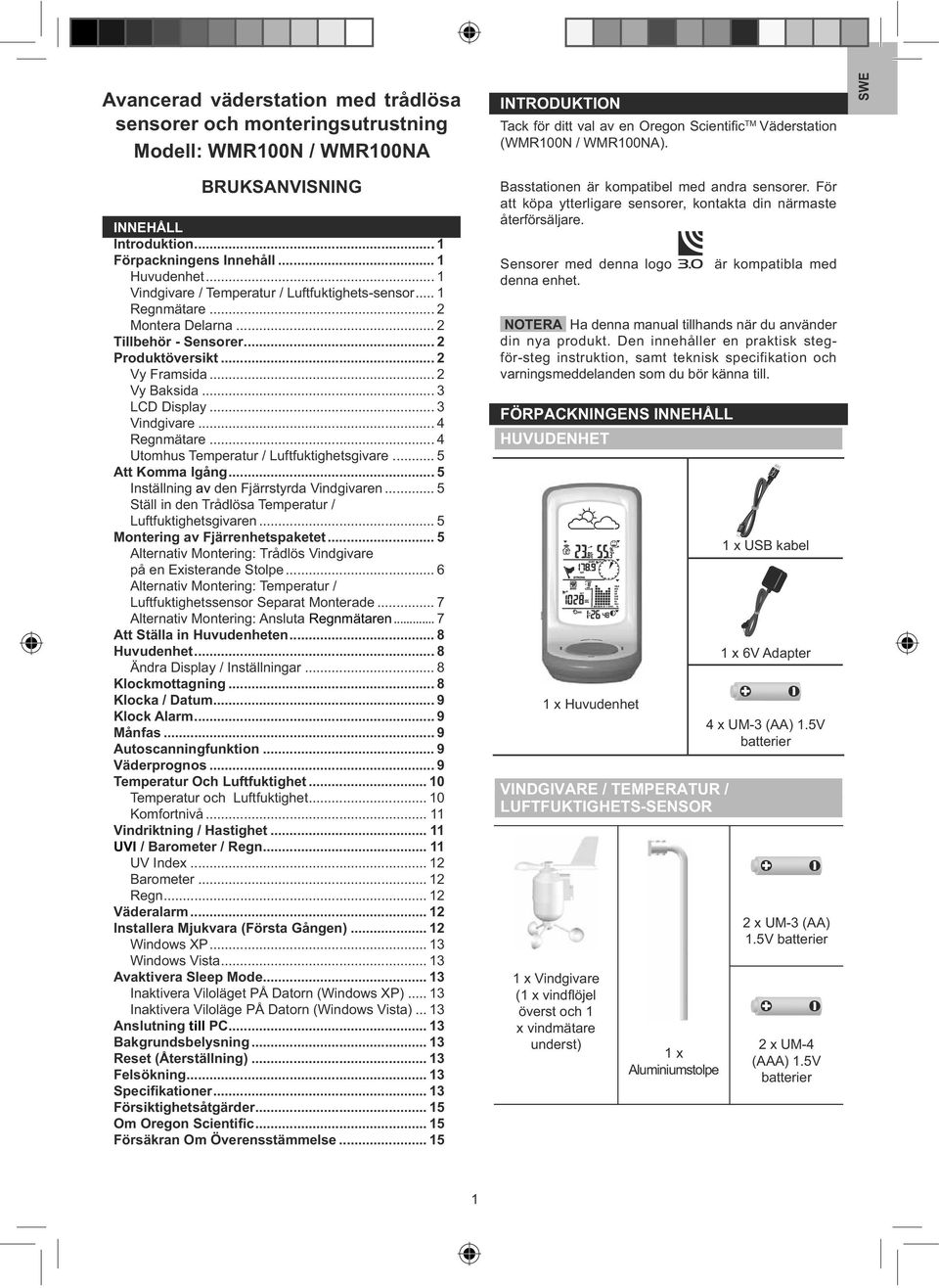 .. 2 Produktöversikt... 2 Vy Framsida... 2 Vy Baksida... 3 LCD Display... 3 Vindgivare... 4 Regnmätare... 4 Utomhus Temperatur / Luftfuktighetsgivare... 5 Att Komma Igång.