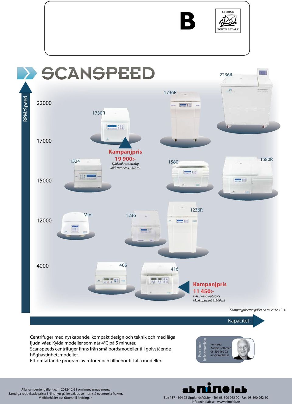 Kylda modeller som når 4 C på 5 minuter. Scanspeeds centrifuger finns från små bordsmodeller till golvstående höghastighetsmodeller. Ett omfattande program av rotorer och tillbehör till alla modeller.