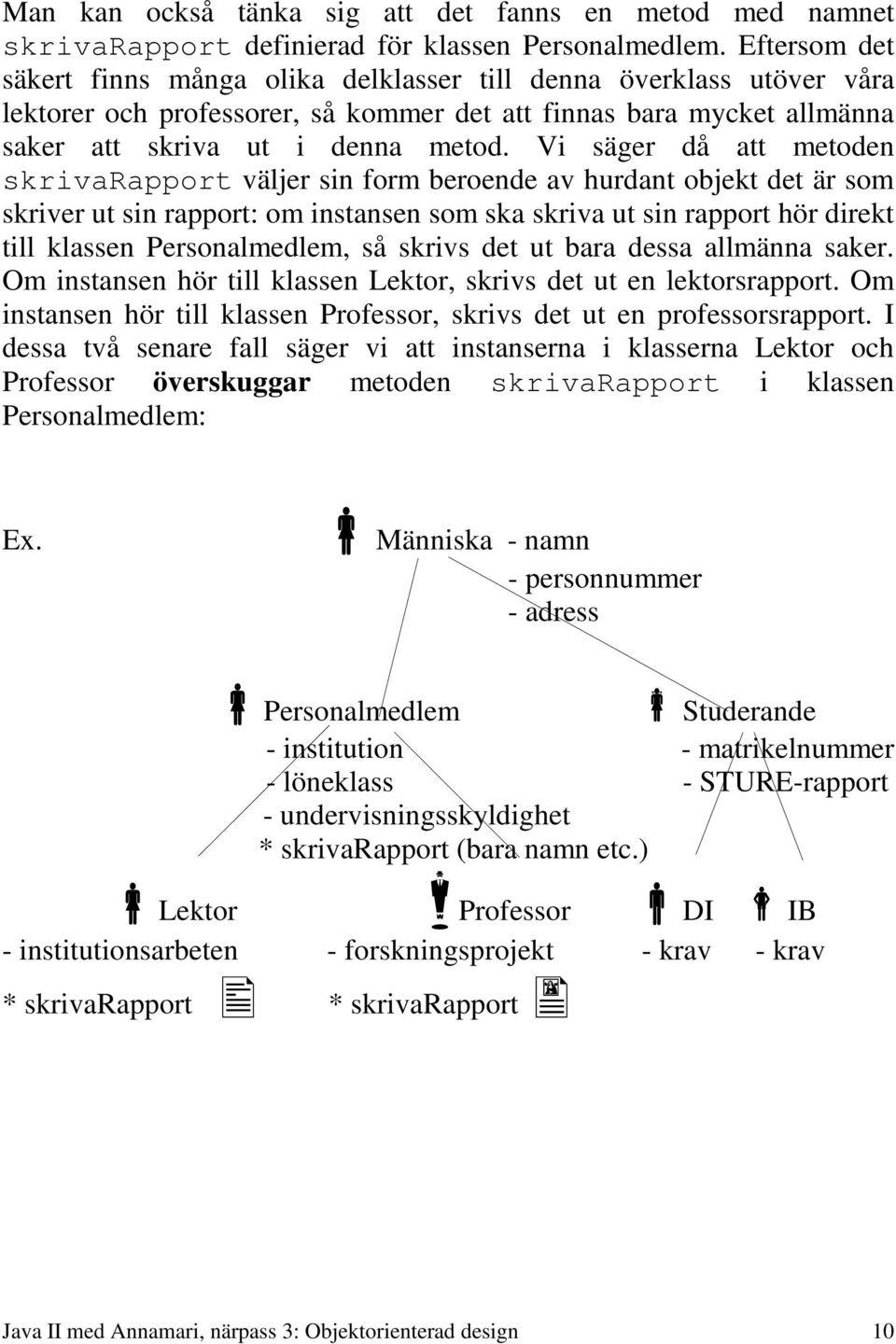 Vi säger då att metoden skrivarapport väljer sin form beroende av hurdant objekt det är som skriver ut sin rapport: om instansen som ska skriva ut sin rapport hör direkt till klassen Personalmedlem,