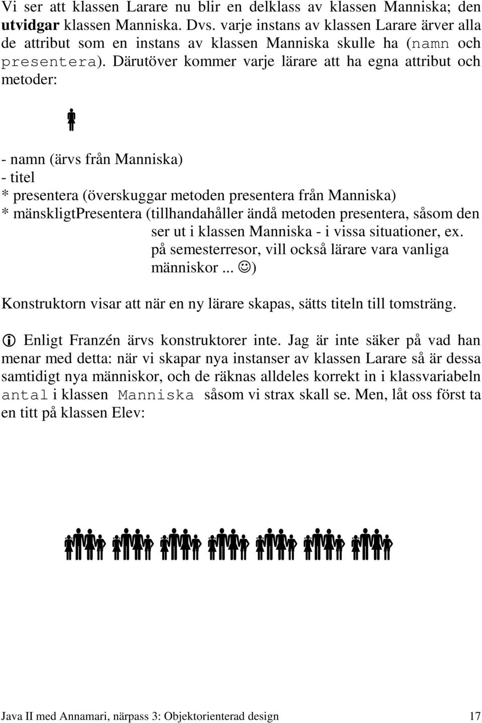 Därutöver kommer varje lärare att ha egna attribut och metoder: - namn (ärvs från Manniska) - titel * presentera (överskuggar metoden presentera från Manniska) * mänskligtpresentera (tillhandahåller