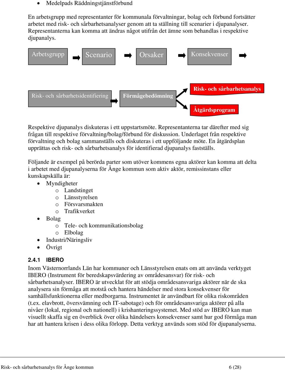 Arbetsgrupp Scenario Orsaker Konsekvenser Risk- och sårbarhetsidentifiering Förmågebedömning Risk- och sårbarhetsanalys Åtgärdsprogram Respektive djupanalys diskuteras i ett uppstartsmöte.