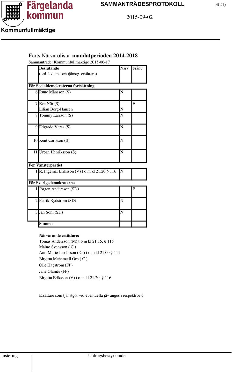 För Vänsterpartiet 1 R. Ingemar Eriksson (V) t o m kl 21.