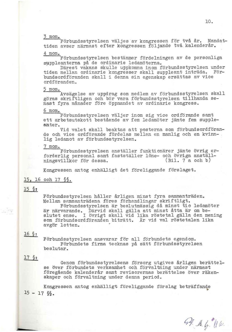 . Därest vakans skulle uppkomma inom förbundsstyrelsen under tiden mellan ordinarie kongresser skall suppleant inträda. Förbundsordföranden skall i denna sin egenskap ersättas av vice ordföranden.