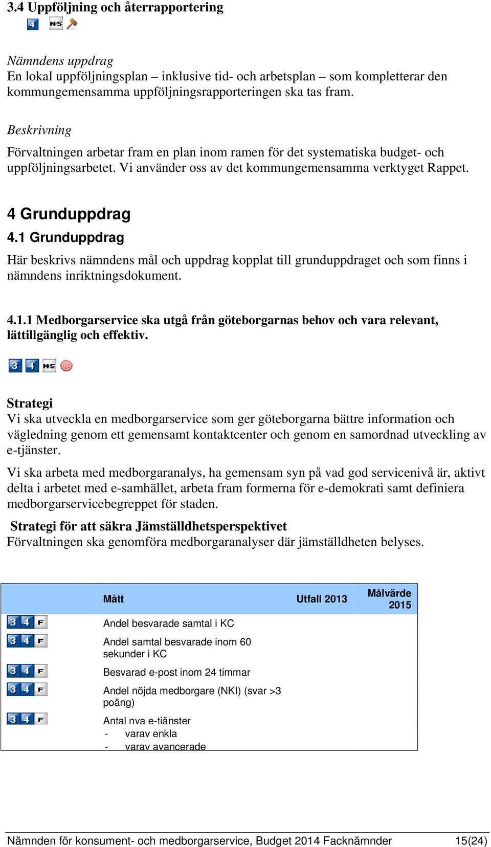 1 Grunduppdrag Här beskrivs nämndens mål och uppdrag kopplat till grunduppdraget och som finns i nämndens inriktningsdokument. 4.1.1 Medborgarservice ska utgå från göteborgarnas behov och vara relevant, lättillgänglig och effektiv.