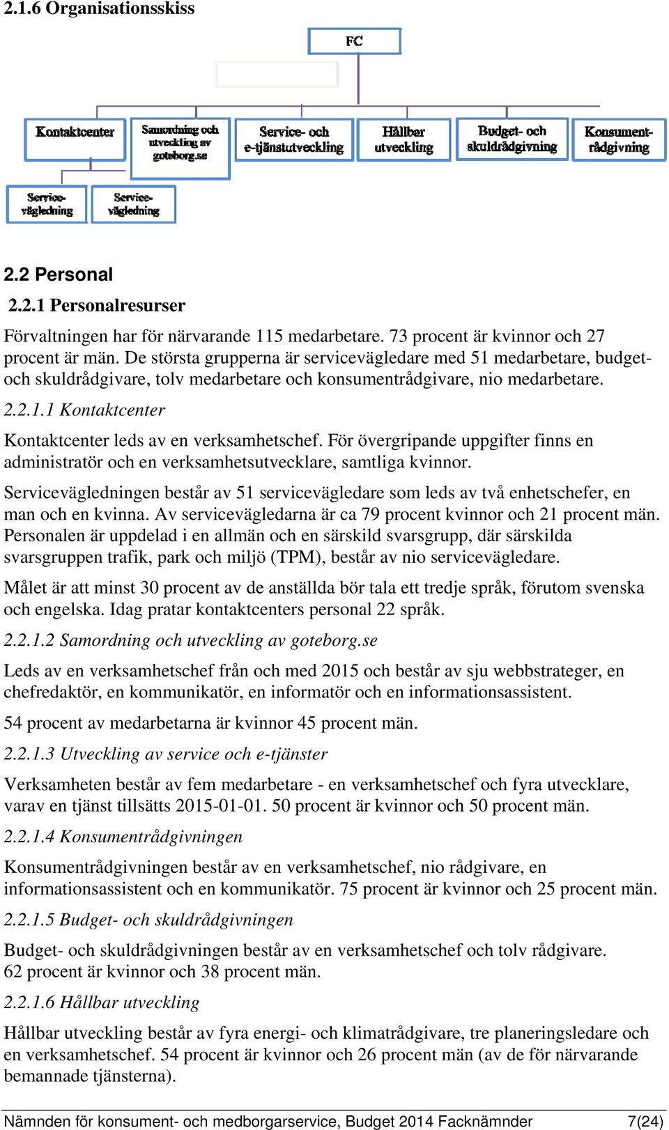 För övergripande uppgifter finns en administratör och en verksamhetsutvecklare, samtliga kvinnor. Servicevägledningen består av 51 servicevägledare som leds av två enhetschefer, en man och en kvinna.