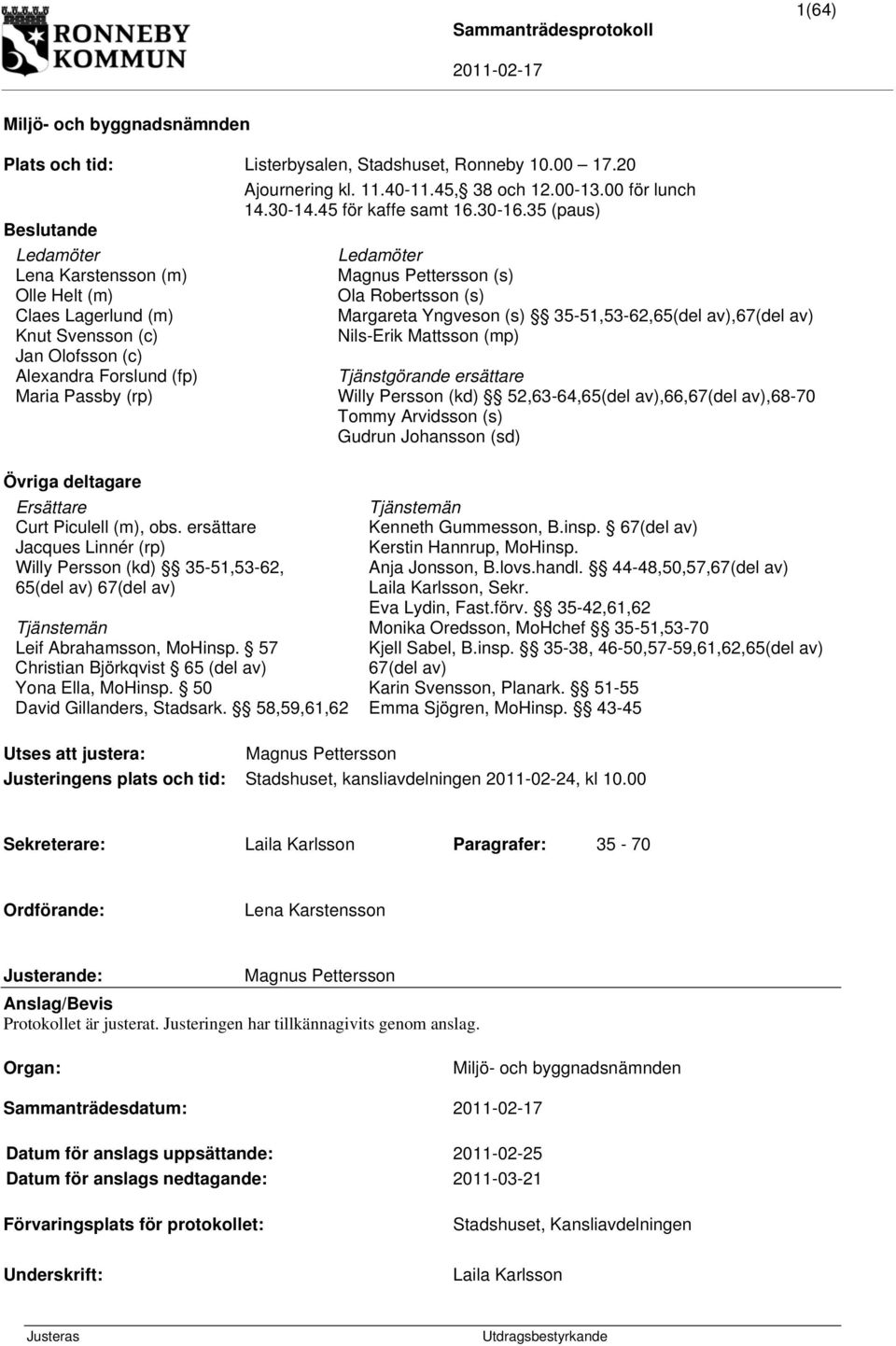 35 (paus) ande Ledamöter Ledamöter Lena Karstensson (m) Magnus Pettersson (s) Olle Helt (m) Ola Robertsson (s) Claes Lagerlund (m) Margareta Yngveson (s) 35-51,53-62,65(del av),67(del av) Knut