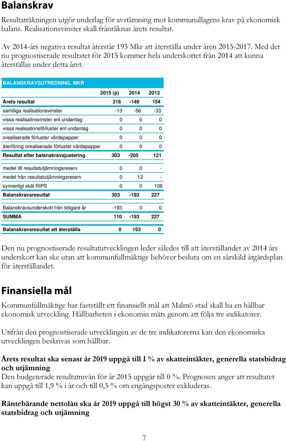 Med det nu prognostiserade resultatet för 2015 kommer hela underskottet från 2014 att kunna återställas under detta året.