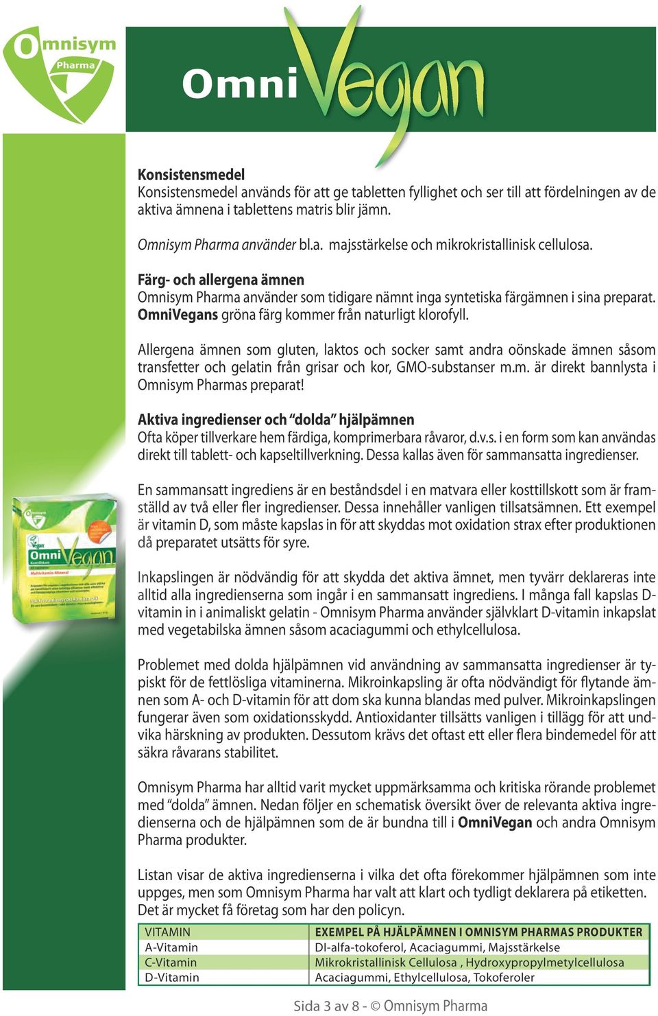 Allergena ämnen som gluten, laktos och socker samt andra oönskade ämnen såsom transfetter och gelatin från grisar och kor, GMO-substanser m.m. är direkt bannlysta i Omnisym Pharmas preparat!