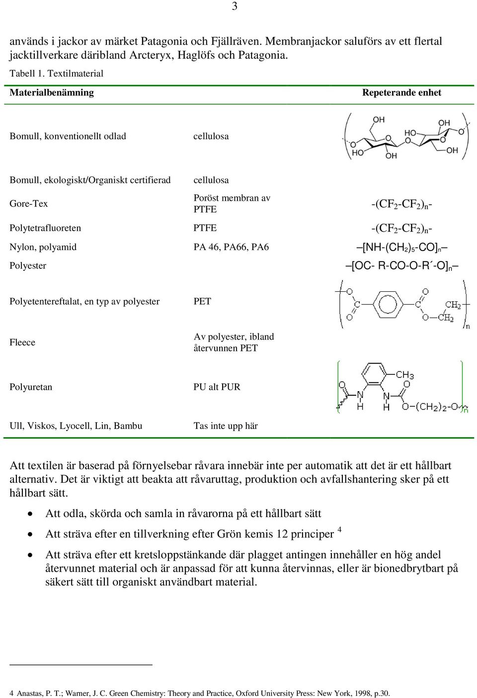 Polytetrafluoreten PTFE -(CF 2 -CF 2 ) n - Nylon, polyamid PA 46, PA66, PA6 [NH-(CH 2) 5-CO] n Polyester [OC- R-CO-O-R -O] n Polyetentereftalat, en typ av polyester PET Fleece Av polyester, ibland