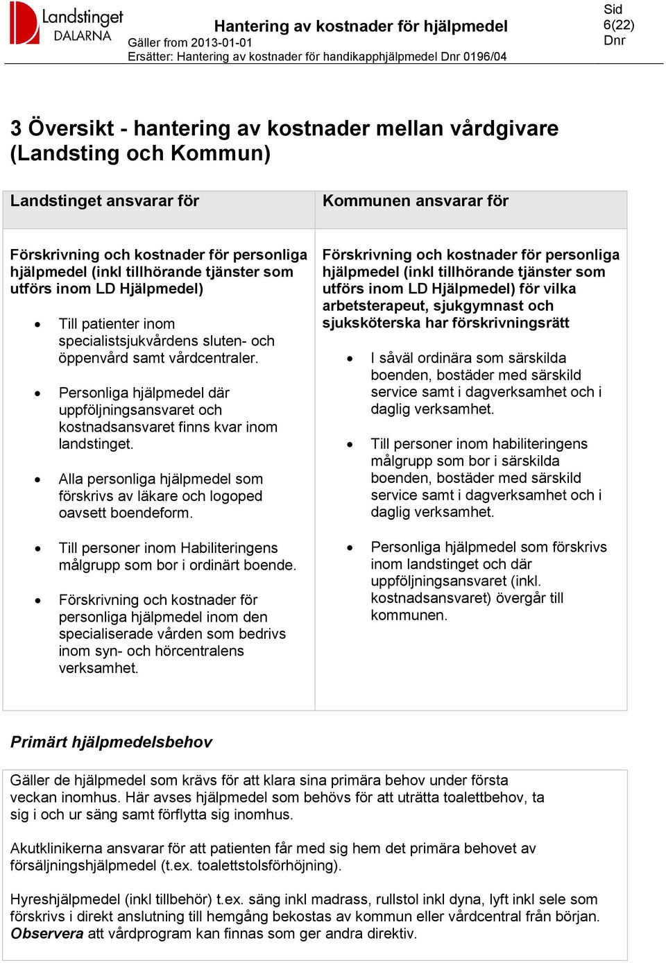 Personliga hjälpmedel där uppföljningsansvaret och kostnadsansvaret finns kvar inom landstinget. Alla personliga hjälpmedel som förskrivs av läkare och logoped oavsett boendeform.