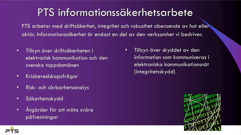 Tillsyn över driftsäkerheten i elektronisk kommunikation och den svenska toppdomänen Krisberedskapsfrågor Tillsyn över