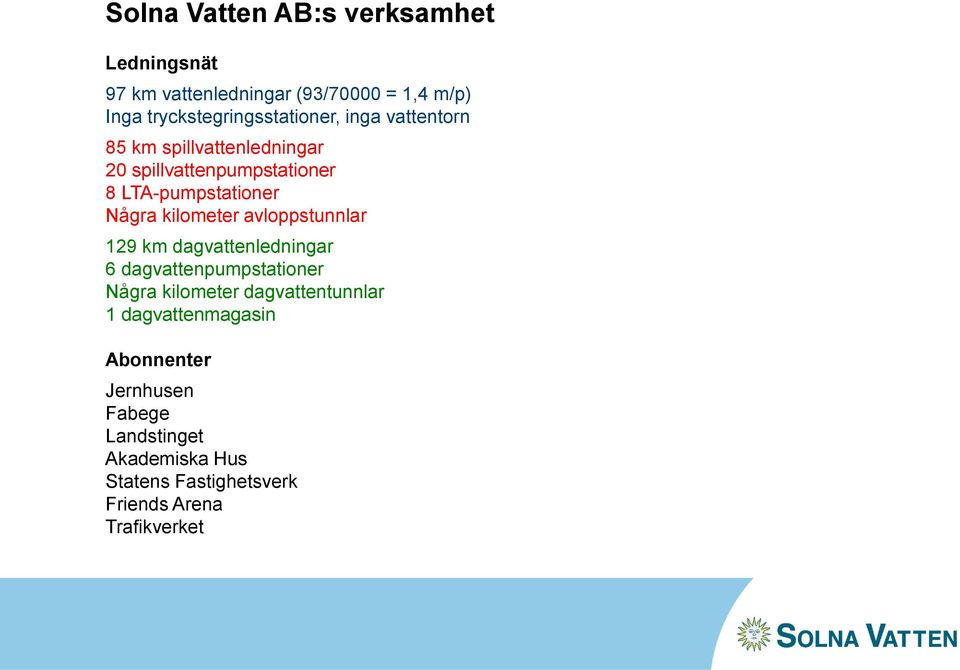 LTA-pumpstationer Några kilometer avloppstunnlar 129 km dagvattenledningar 6 dagvattenpumpstationer Några