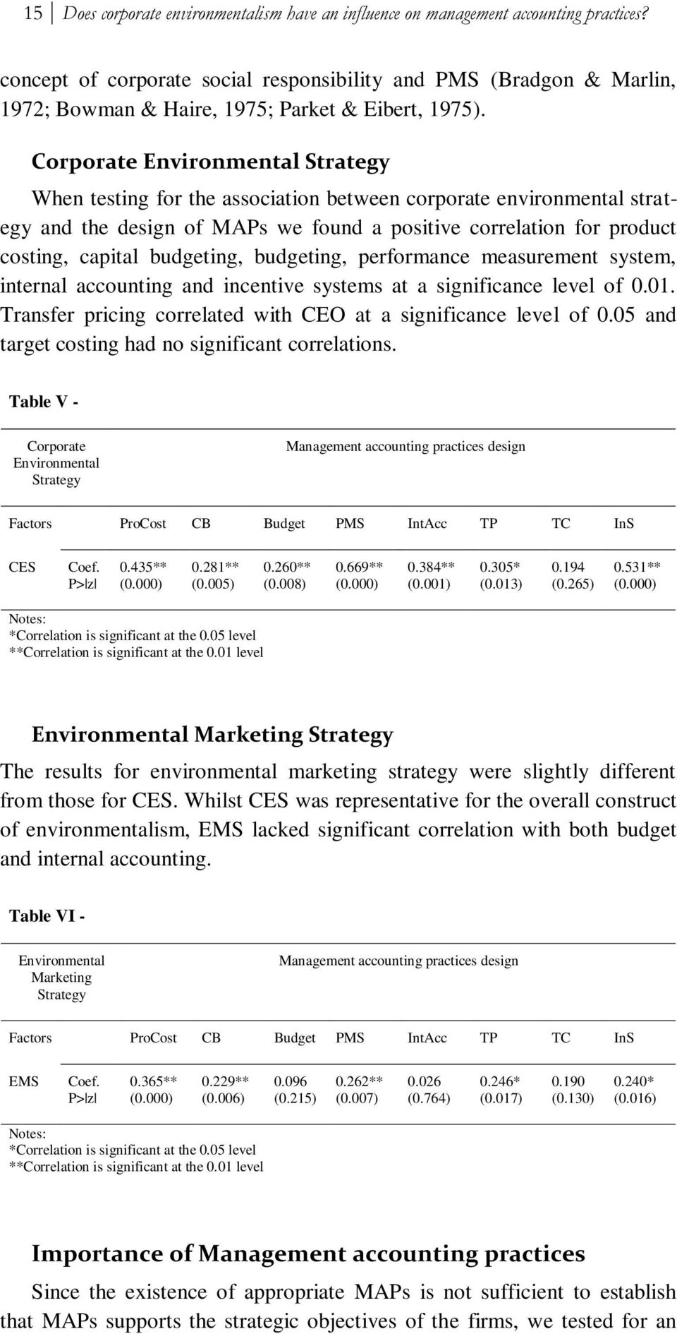 Corporate Environmental Strategy When testing for the association between corporate environmental strategy and the design of MAPs we found a positive correlation for product costing, capital