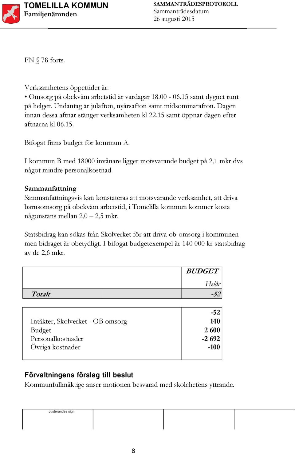 I kommun B med 18000 invånare ligger motsvarande budget på 2,1 mkr dvs något mindre personalkostnad.