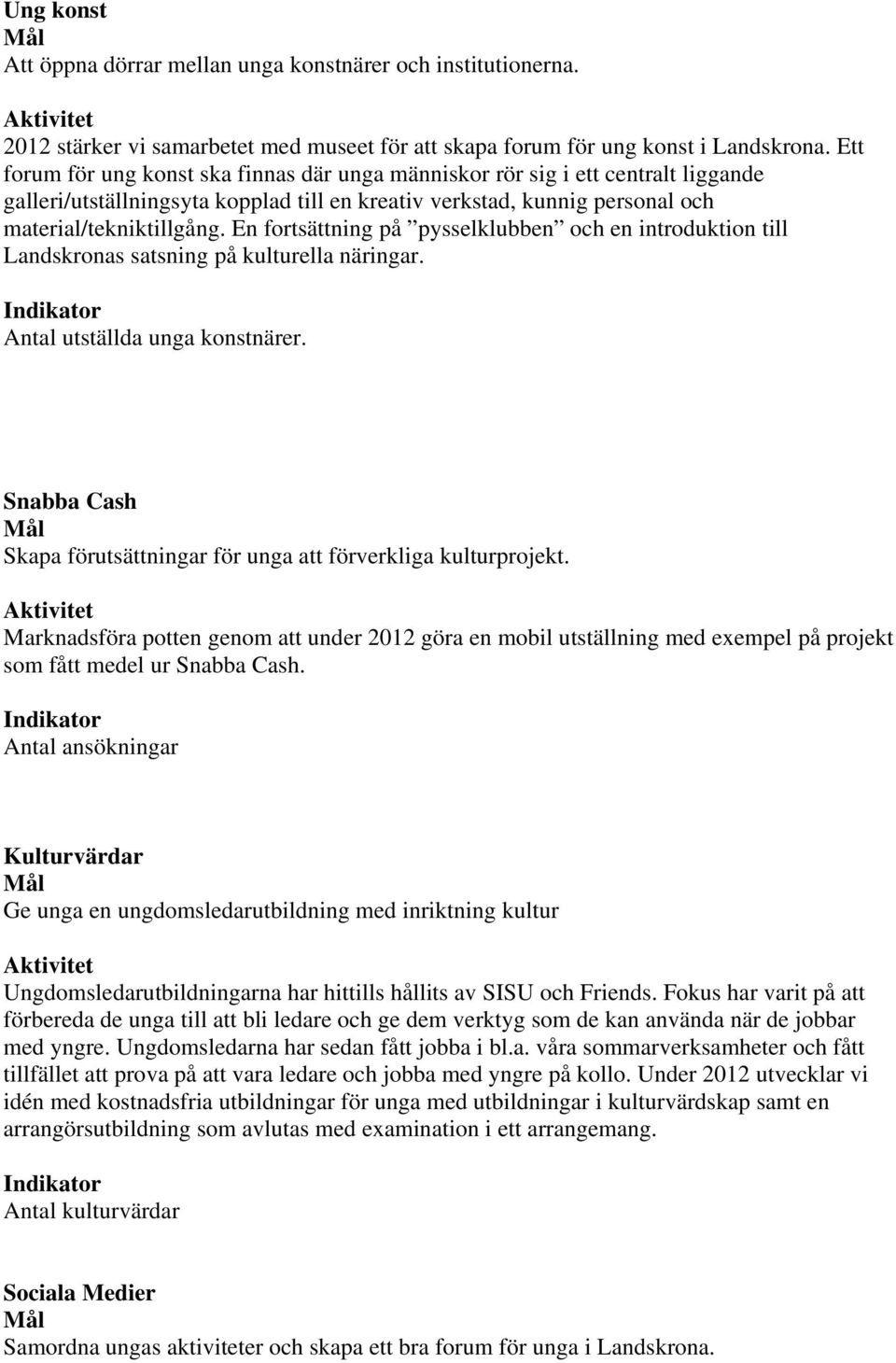 En fortsättning på pysselklubben och en introduktion till Landskronas satsning på kulturella näringar. Indikator Antal utställda unga konstnärer.