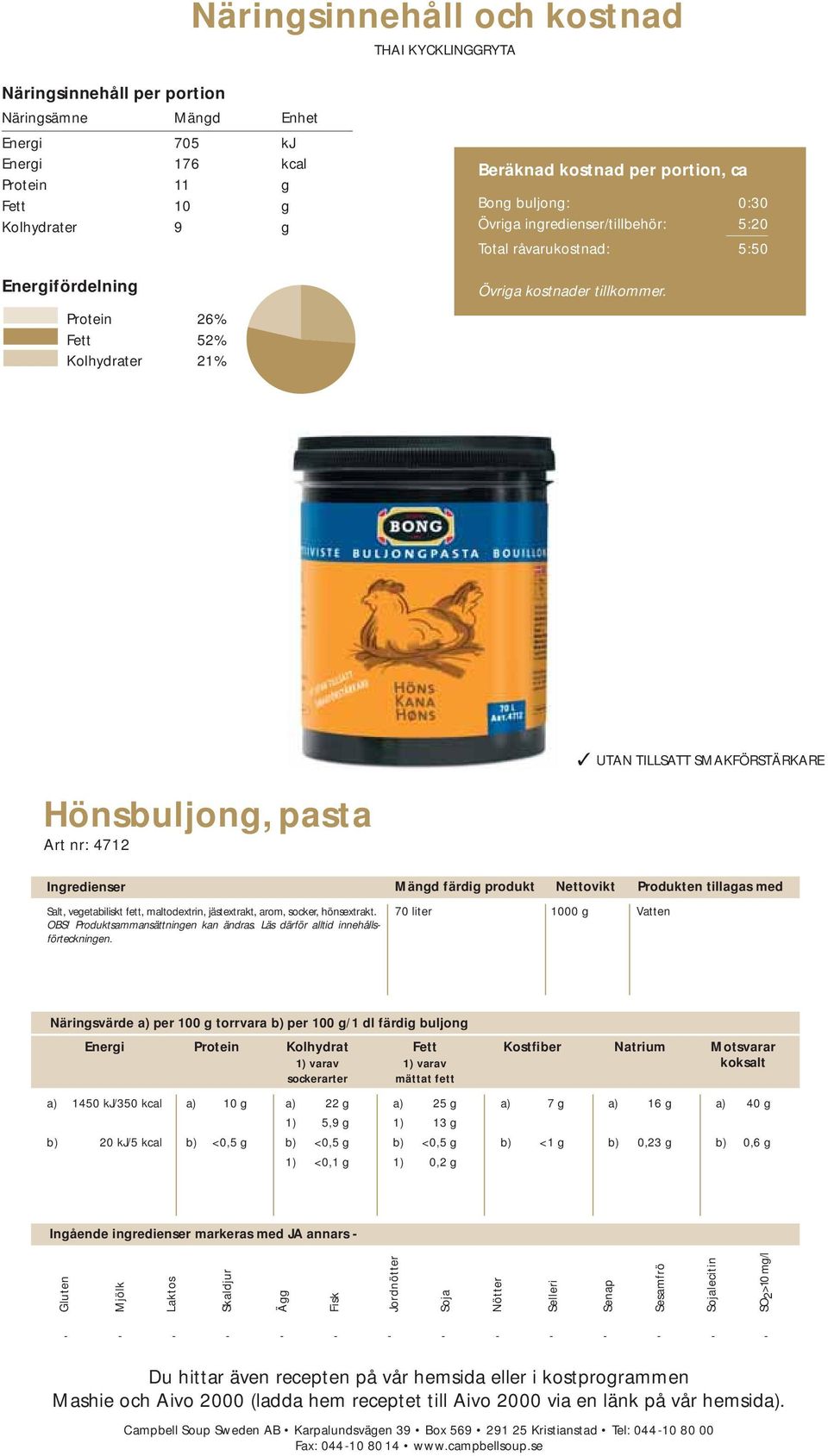 UTAN TILLSATT SMAKFÖRSTÄRKARE Hönsbuljong, pasta Art nr: 4712 Salt, vegetabiliskt fett, maltodextrin, jästextrakt, arom, socker, hönsextrakt. OBS! Produktsammansättningen kan ändras.