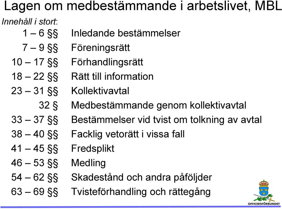 Medbestämmande genom kollektivavtal 33 37 Bestämmelser vid tvist om tolkning av avtal 38 40 Facklig