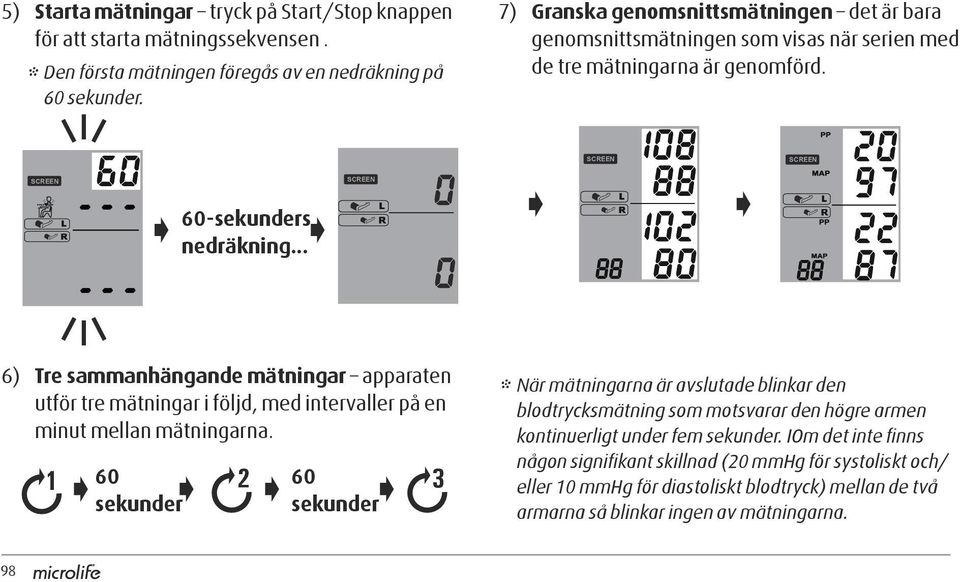 .. 6) Tre sammanhängande mätningar apparaten utför tre mätningar i följd, med intervaller på en minut mellan mätningarna.