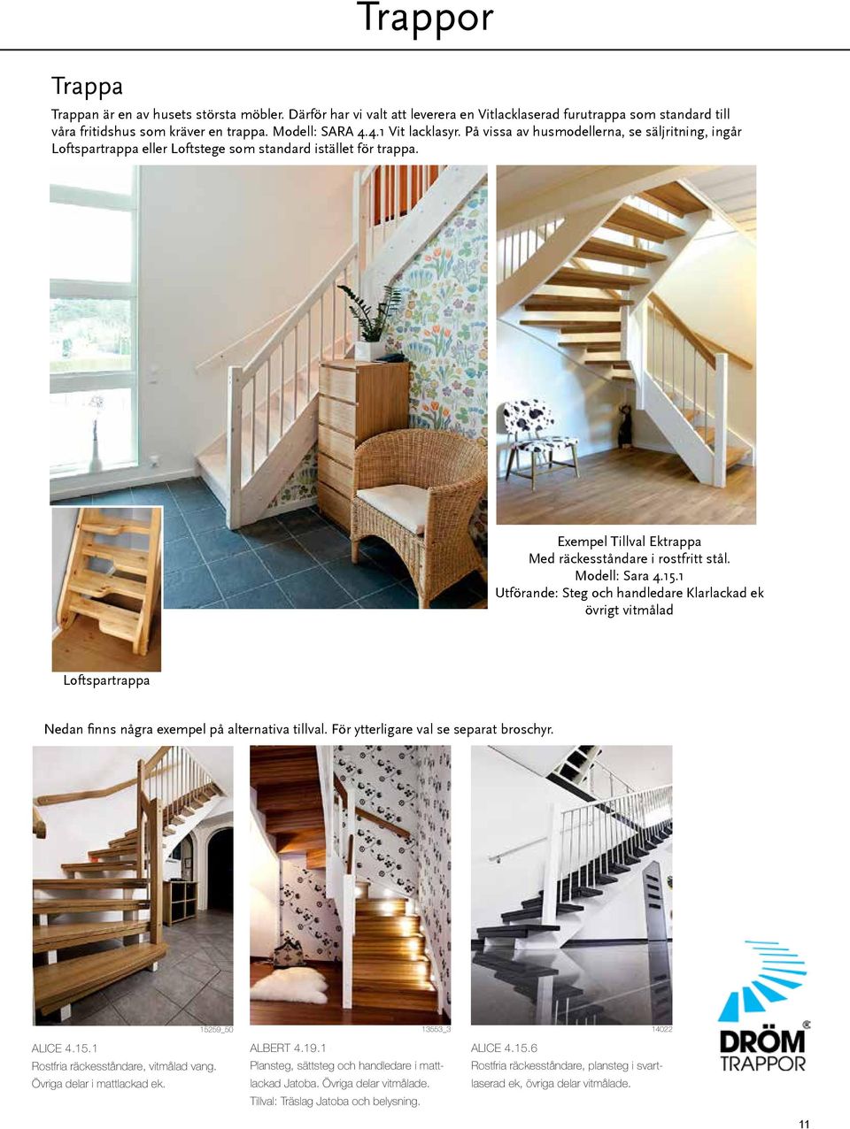 4.1 Vit lacklasyr. På vissa av husmodellerna, se säljritning, ingår Loftspartrappa eller Loftstege som standard istället för trappa.