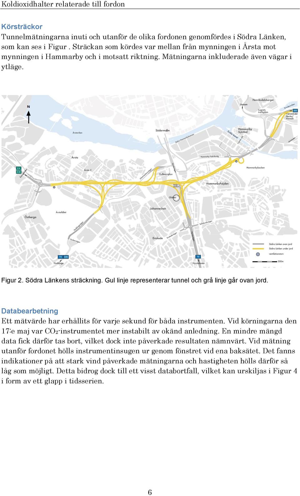 Gul linje representerar tunnel och grå linje går ovan jord. Databearbetning Ett mätvärde har erhållits för varje sekund för båda instrumenten.