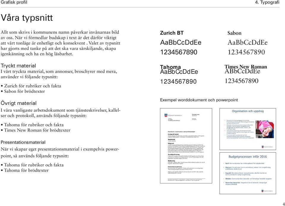 Zurich BT AaBbCcDdEe 1234567890 Sabon AaBbCcDdEe 1234567890 Tryckt material I vårt tryckta material, som annonser, broschyrer med mera, använder vi följande typsnitt: Zurich för rubriker och fakta