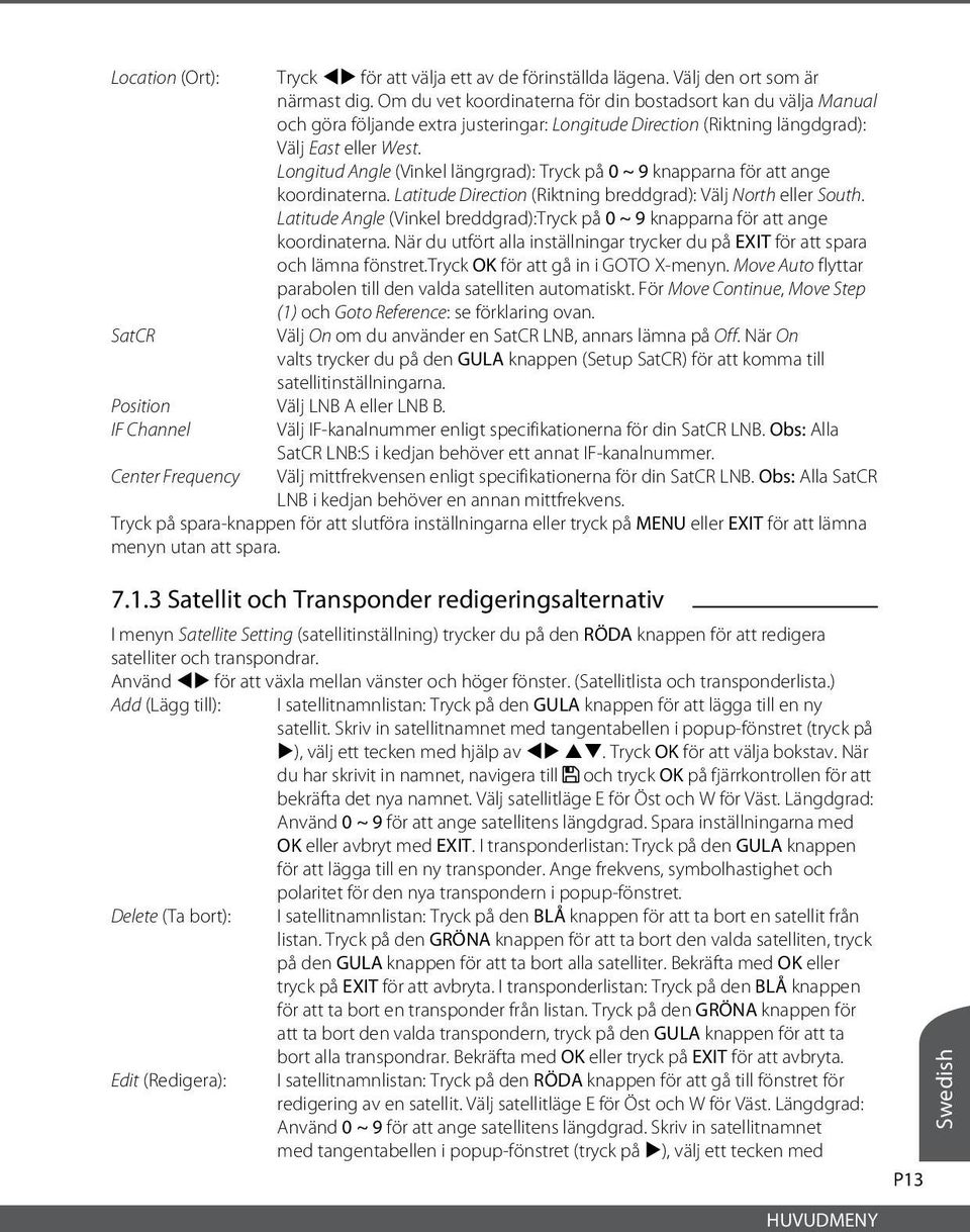 Longitud Angle (Vinkel längrgrad): Tryck på 0 ~ 9 knapparna för att ange koordinaterna. Latitude Direction (Riktning breddgrad): Välj North eller South.