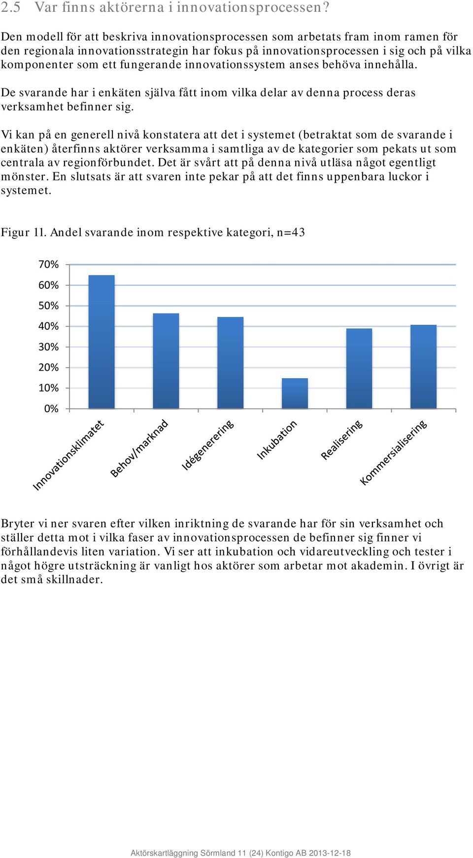 fungerande innovationssystem anses behöva innehålla. De svarande har i enkäten själva fått inom vilka delar av denna process deras verksamhet befinner sig.