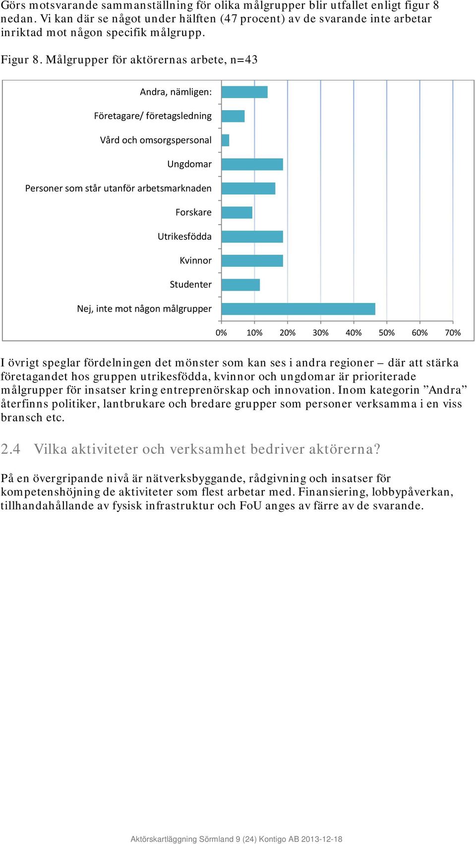 Målgrupper för aktörernas arbete, n=43 Andra, nämligen: Företagare/ företagsledning Vård och omsorgspersonal Ungdomar Personer som står utanför arbetsmarknaden Forskare Utrikesfödda Kvinnor Studenter