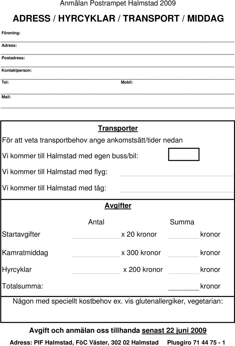 Avgifter Antal Summa Startavgifter x 20 kronor kronor Kamratmiddag x 300 kronor kronor Hyrcyklar x 200 kronor kronor Totalsumma: kronor Någon med speciellt