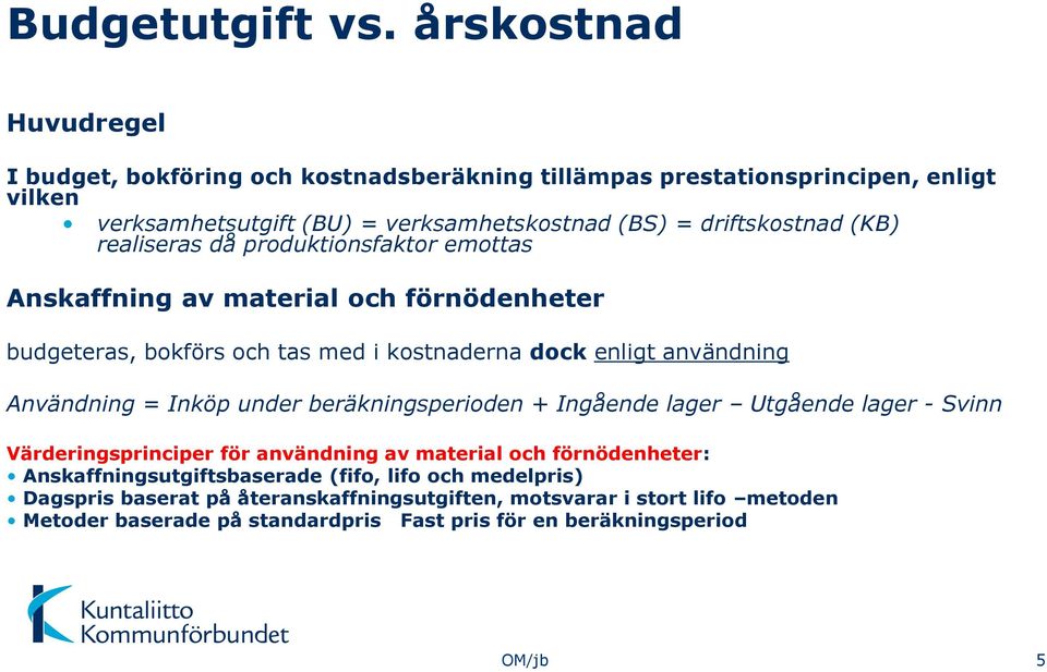 (KB) realiseras då produktionsfaktor emottas Anskaffning av material och förnödenheter budgeteras, bokförs och tas med i kostnaderna dock enligt användning Användning = Inköp