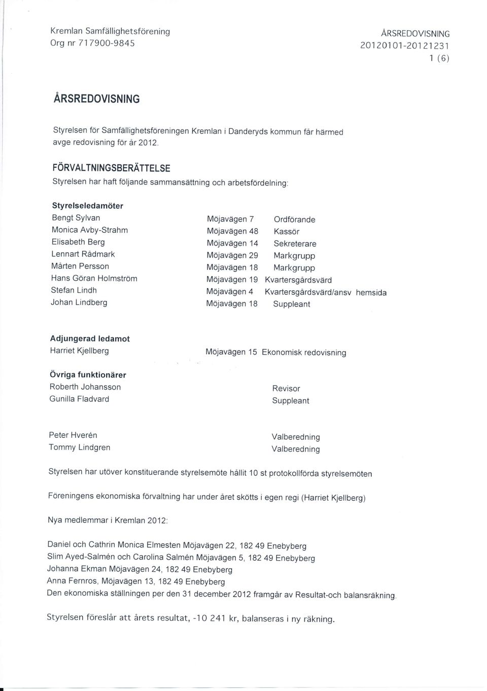 FöRVALTNINGSBERATTELSE Styrelsen har haft följande sammansättning och arbetsfördelning: Styrelseledamöter Bengt Sylvan Möjavägen 7 Ordforande Monica Avby-Strahm Elisabeth Berg Lennart Rådmark Mårten