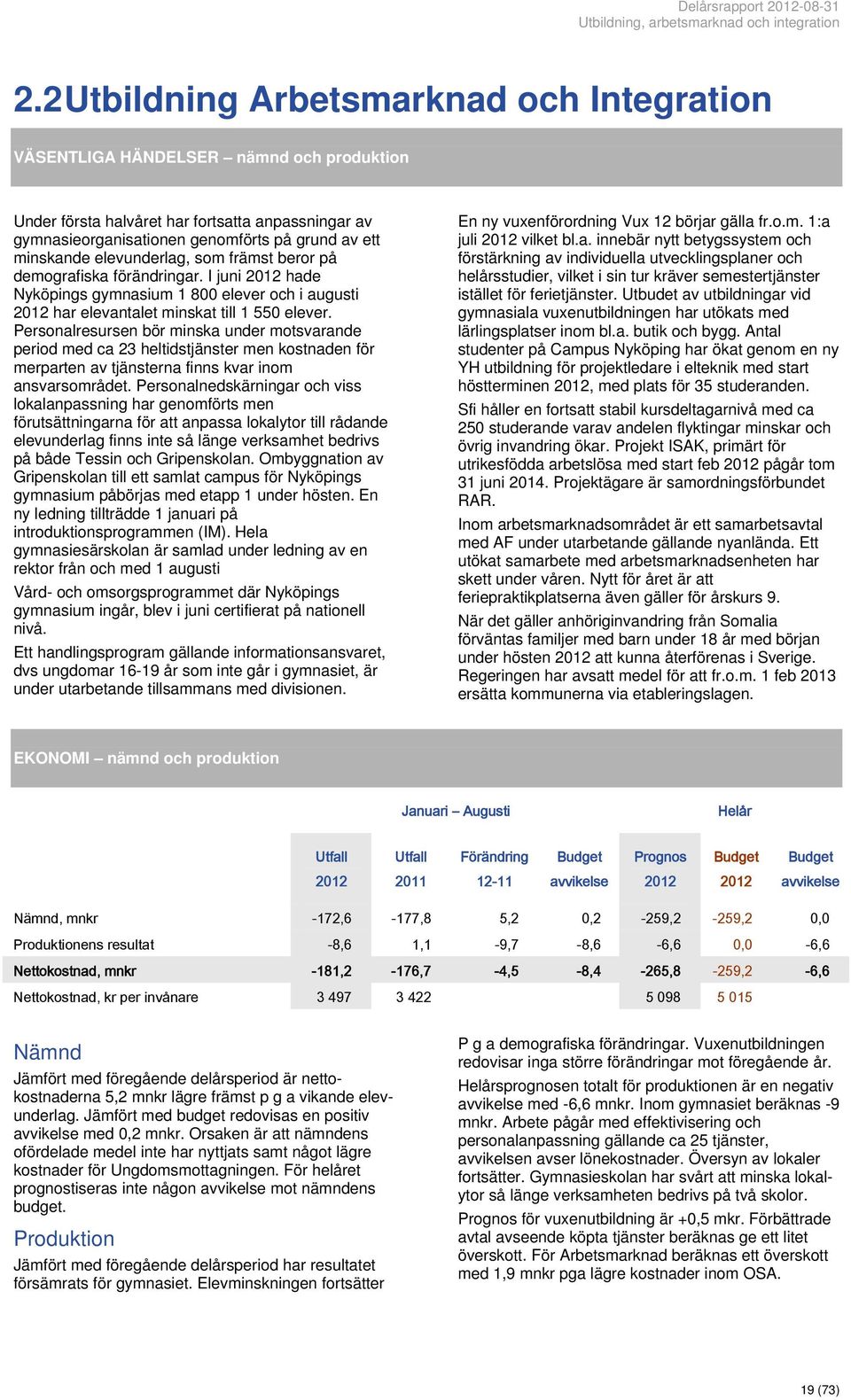 elevunderlag, som främst beror på demografiska förändringar. I juni hade Nyköpings gymnasium 1 800 elever och i augusti har elevantalet minskat till 1 550 elever.