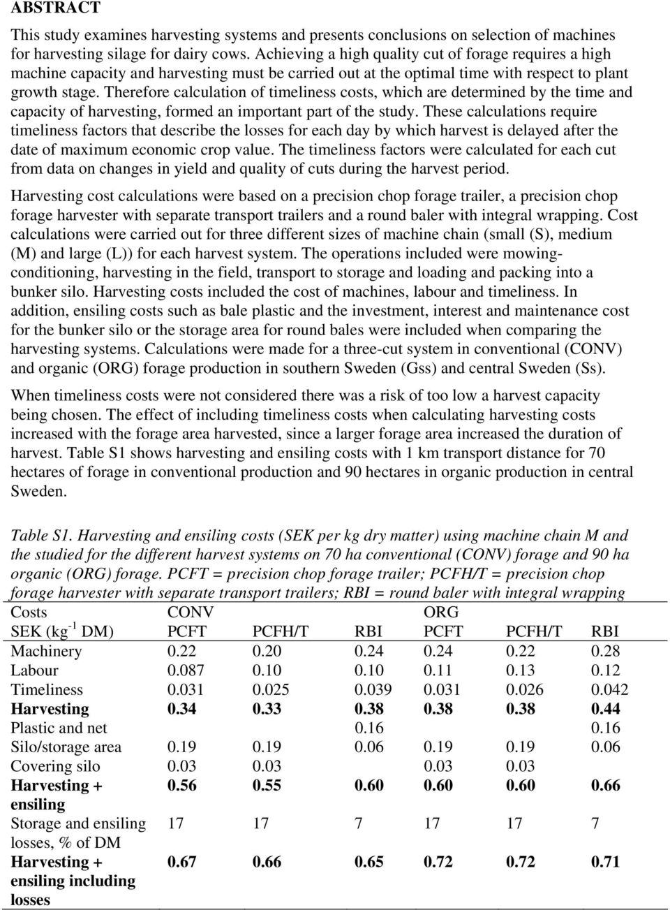 Therefore calculation of timeliness costs, which are determined by the time and capacity of harvesting, formed an important part of the study.