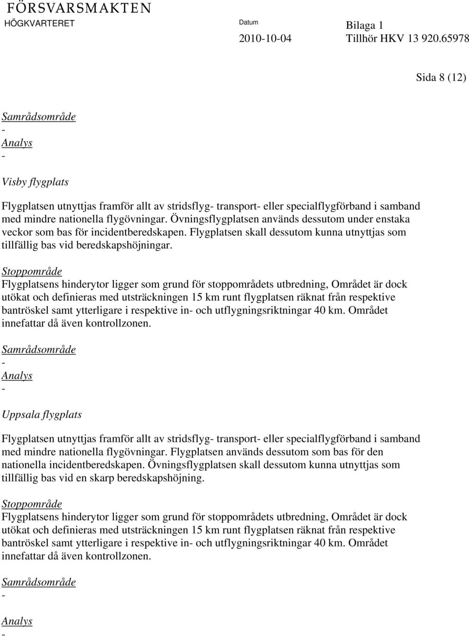 Flygplatsens hinderytor ligger som grund för stoppområdets utbredning, Området är dock utökat och definieras med utsträckningen 15 km runt flygplatsen räknat från respektive bantröskel samt